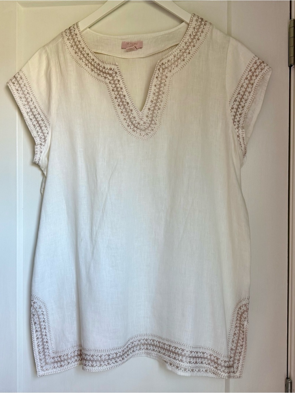 St. Tropez White Linen Tunic with Gold Embroidery